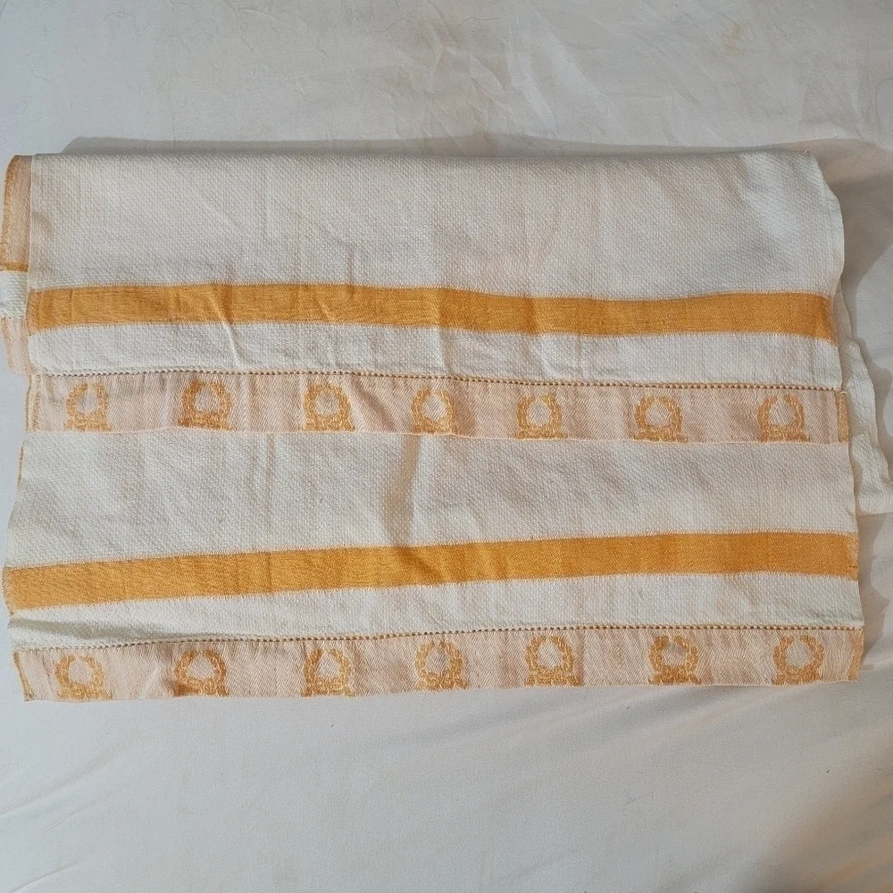 Vintage 50's Woven Tea Towels Jacquard Wreath Bow Ivory Orange Bundle 2 Linen
